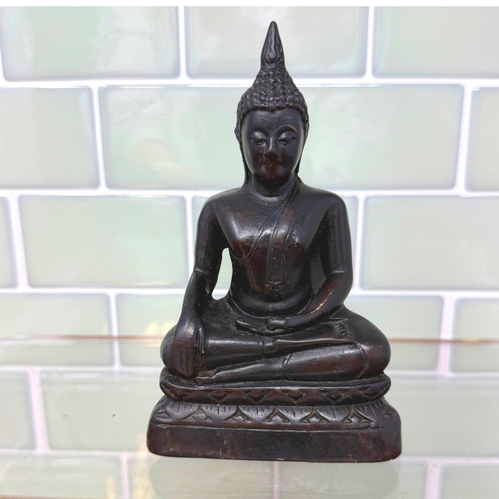 Thai Resin Buddha Statue 5.5" Bhumisparsha Mudra Earth Witness Dark Faux Wood